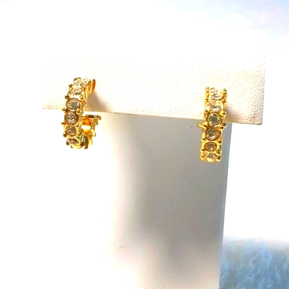 Vintage Small Goldtone and Clear Rhinestone Half Hoop Pierced Earrings - Picture 3 of 6